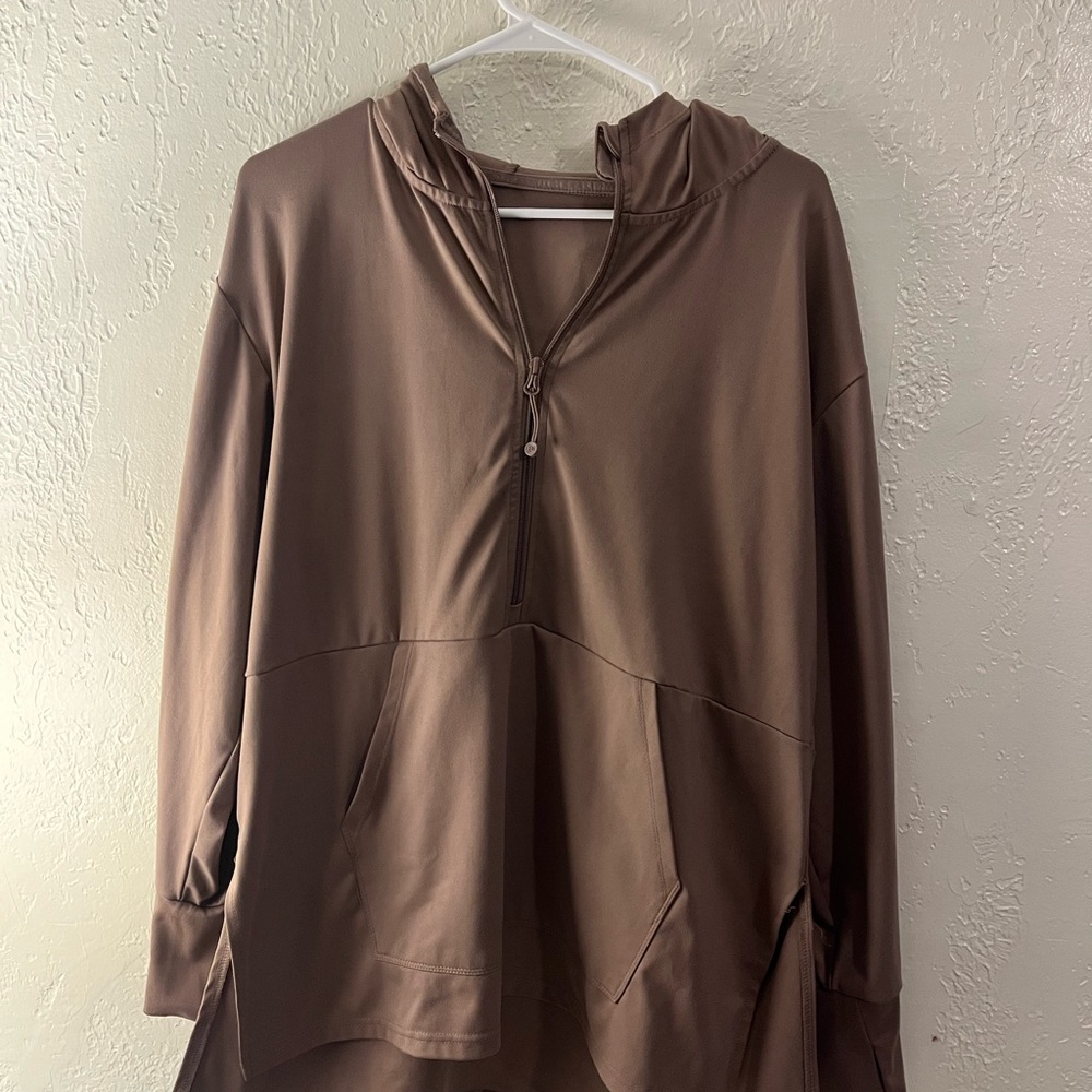 Brown Hooded Pullover with Half-Zip